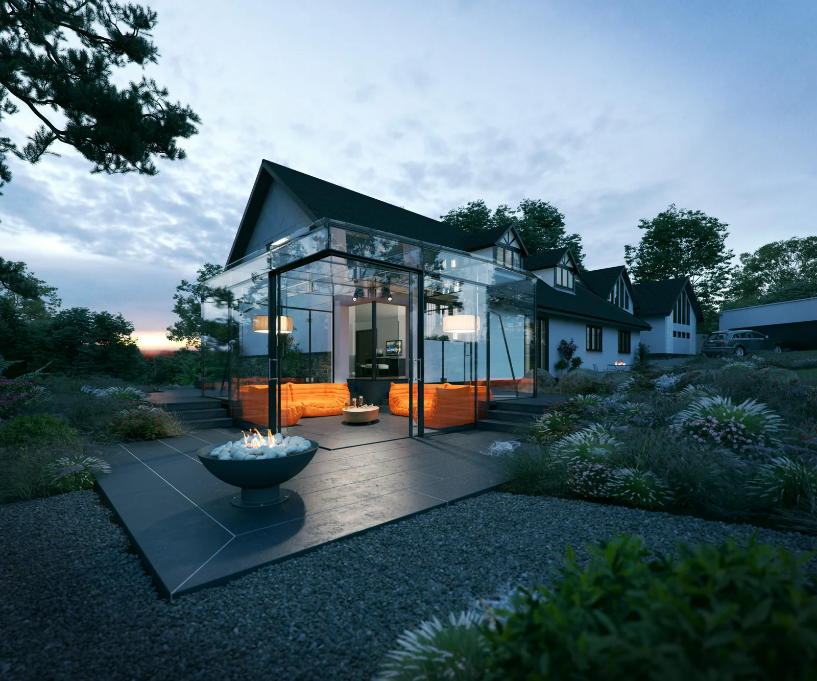 The Grange glass box extension with corner-opening sliding doors connecting the living space and garden