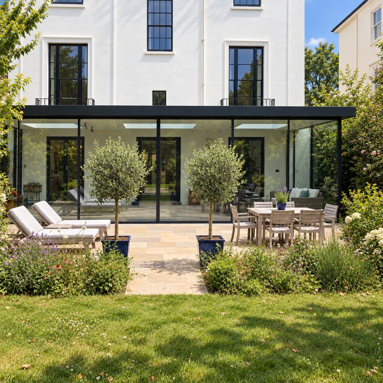 Glass pavilion at the rear of a London townhouse, with FineLine sliding doors facing a landscaped garden