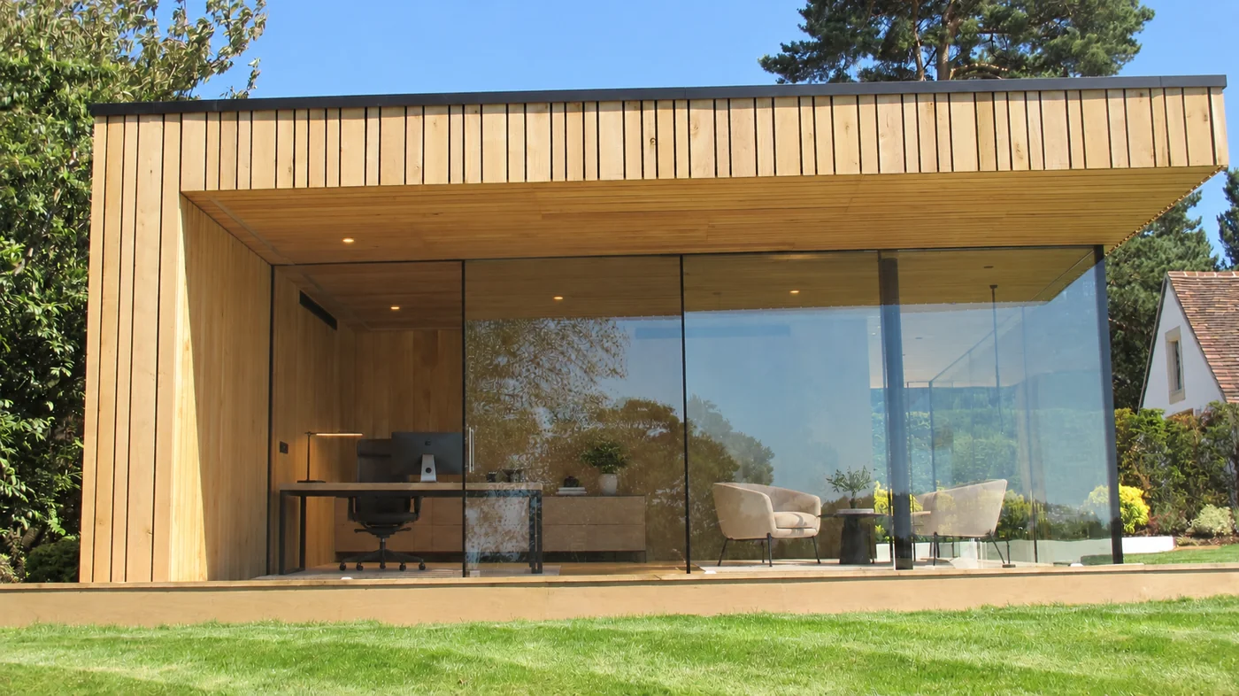 Sundown garden office with full-height glazing — view 1, digitally staged interior