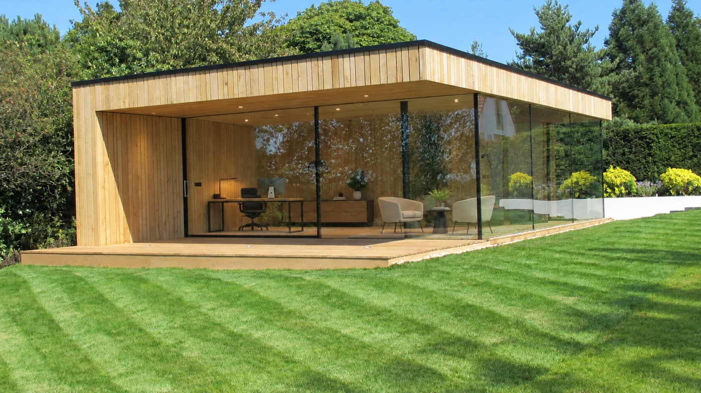 Sundown garden office with full-height glazing — view 2, digitally staged interior
