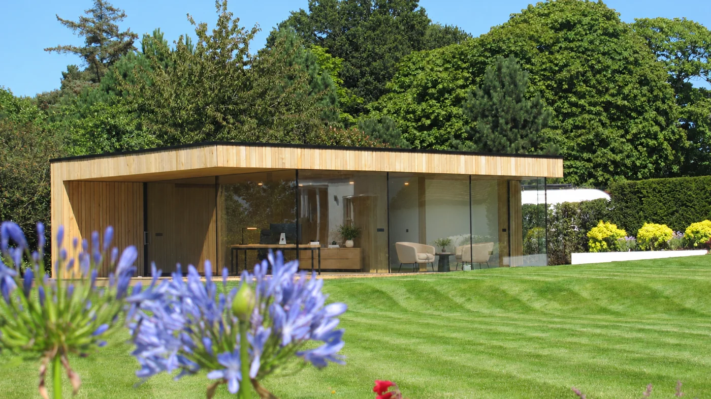 Sundown garden office with full-height glazing — view 3, digitally staged interior